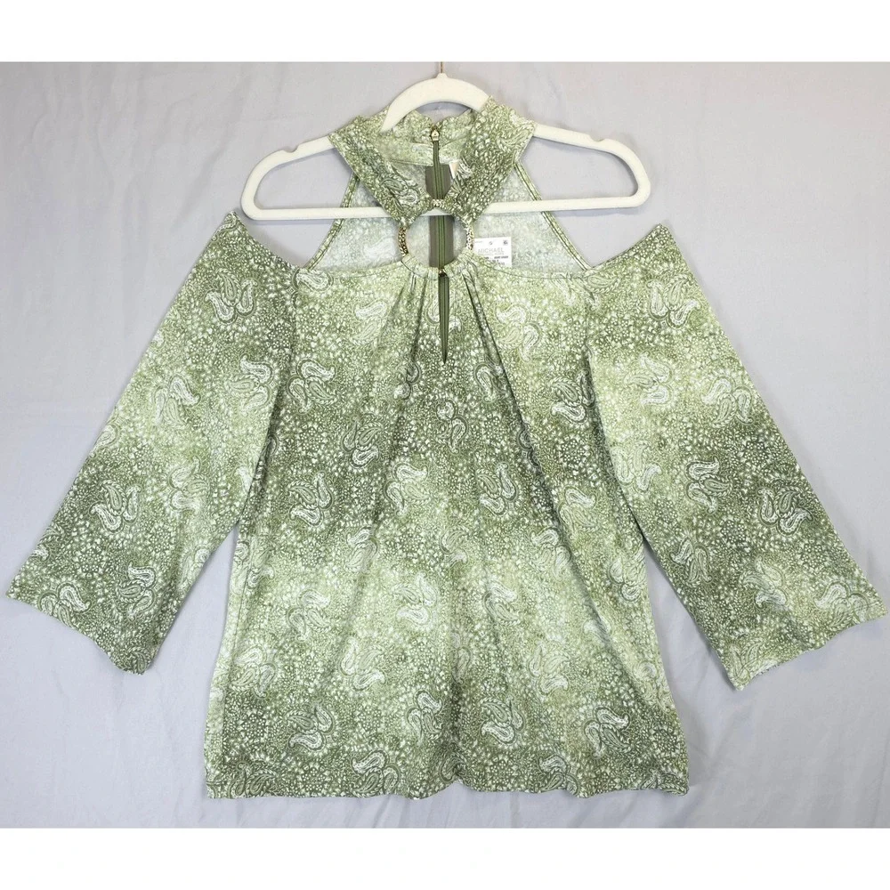 Michael Kors Cold Shoulder Paisley Neck Zipper Halter Top Blouse Army Green L‎